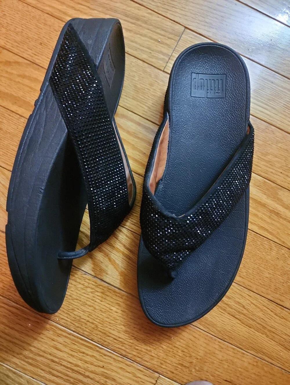 Fitflop Ritzy Women's Black Rhinestone  Thong Wedge Sandals